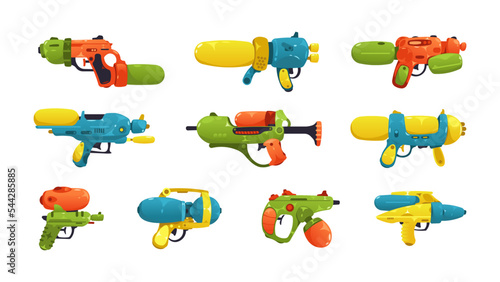 Cartoon water gun. Kids toy weapons, comic plastic childish handgun equipment wet shoot for summer game, happy childhood. Vector isolated set