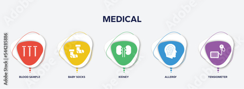 infographic element template with medical filled icons such as blood sample, baby socks, kidney, allergy, tensiometer vector.
