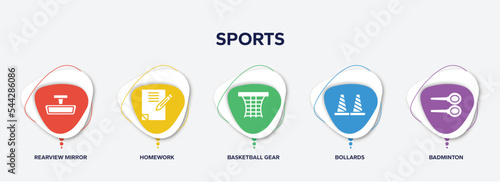 infographic element template with sports filled icons such as rearview mirror, homework, basketball gear, bollards, badminton vector.