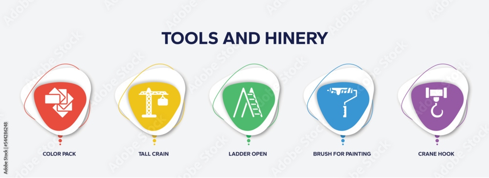 infographic element template with tools and hinery filled icons such as color pack, tall crain, ladder open, brush for painting, crane hook vector. - obrazy, fototapety, plakaty 