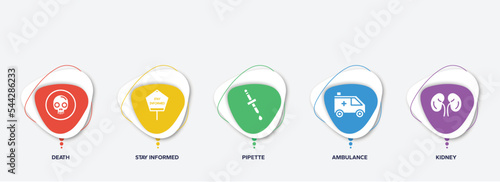 infographic element template with filled icons such as death, stay informed, pipette, ambulance, kidney vector.
