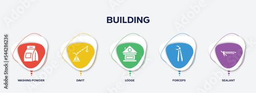 infographic element template with building filled icons such as washing powder, davit, lodge, forceps, sealant vector.