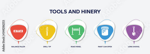 infographic element template with tools and hinery filled icons such as balance ruler, drill tip, road panel, paint can open, long shovel vector.