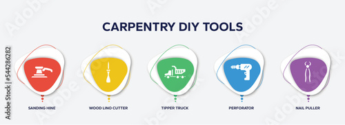 infographic element template with carpentry diy tools filled icons such as sanding hine, wood lino cutter, tipper truck, perforator, nail puller vector.