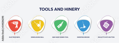 infographic element template with tools and hinery filled icons such as electroscrew, demolishing ball, saw hand drawn tool, sweeping broom, roulette with button vector.