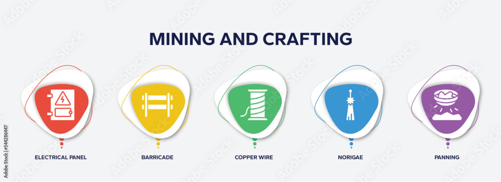infographic element template with mining and crafting filled icons such as electrical panel, barricade, copper wire, norigae, panning vector.