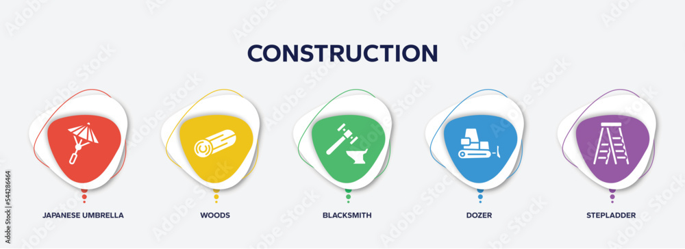 Fototapeta premium infographic element template with construction filled icons such as japanese umbrella, woods, blacksmith, dozer, stepladder vector.