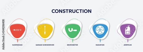 infographic element template with construction filled icons such as suspension, garage screwdriver, micrometer, radiation, jerrycan vector.