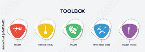 infographic element template with toolbox filled icons such as grinder, working shovel, pallete, repair tools cross, stillson wrench vector.