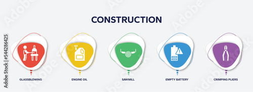 infographic element template with construction filled icons such as glassblowing, engine oil, sawmill, empty battery, crimping pliers vector.