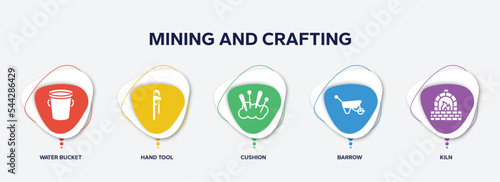 infographic element template with mining and crafting filled icons such as water bucket, hand tool, cushion, barrow, kiln vector.