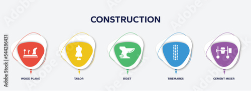 infographic element template with construction filled icons such as wood plane, tailor, bidet, tiremarks, cement mixer vector.