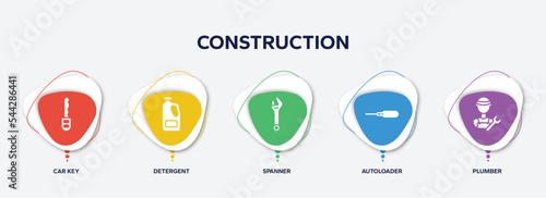 infographic element template with construction filled icons such as car key, detergent, spanner, autoloader, plumber vector.