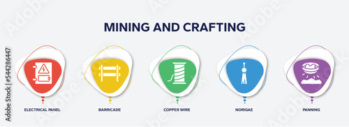 infographic element template with mining and crafting filled icons such as electrical panel, barricade, copper wire, norigae, panning vector.