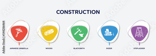 infographic element template with construction filled icons such as japanese umbrella, woods, blacksmith, dozer, stepladder vector.