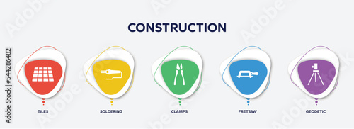 infographic element template with construction filled icons such as tiles, soldering, clamps, fretsaw, geodetic vector.