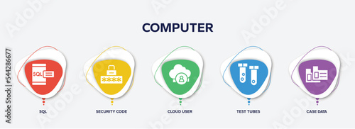 infographic element template with computer filled icons such as sql, security code, cloud user, test tubes, case data vector.