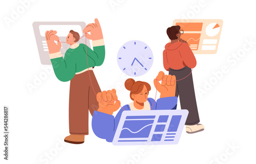 Time management and planning concept. Business team work under project with deadline. Teamwork process, connection between employees, manager. Flat vector illustration isolated on white background
