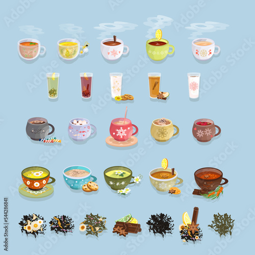 Hot drinks set. Collection of coffee, tea, grog, ouch, hot chocolate in cups with winter ornament. Restaurant, café menu items. Flat vector illustration.