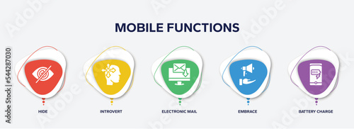 infographic element template with mobile functions filled icons such as hide, introvert, electronic mail, embrace, battery charge vector.