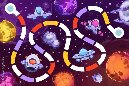 Space board game. Child fantasy universe riddle labyrinth puzzle, tabletop boardgame with spaceship meteor crater kid entertainment. Vector illustration