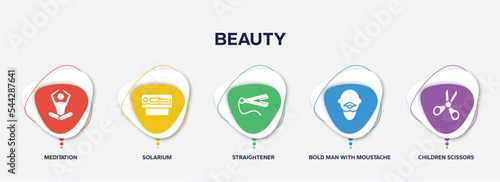 infographic element template with beauty filled icons such as meditation, solarium, straightener, bold man with moustache, children scissors vector.