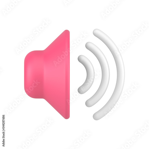 Pink glossy sound speaker with volume wave promo advertising 3d icon realistic template photo