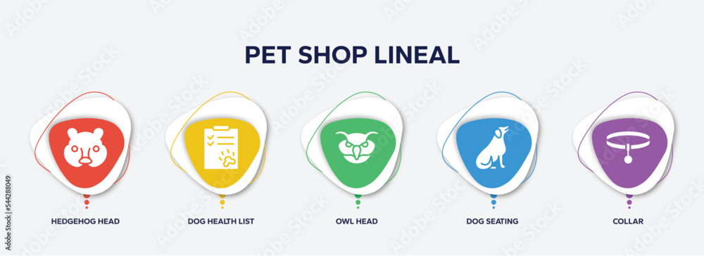 infographic element template with pet shop lineal filled icons such as hedgehog head, dog health list, owl head, dog seating, collar vector. infographic element template with pet shop lineal filled icons such as hedgehog head, dog health list, owl head, dog seating, collar vector.