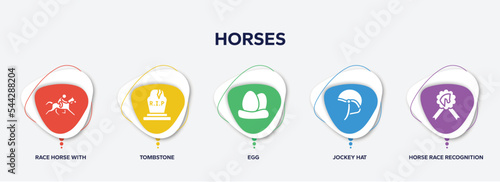 infographic element template with horses filled icons such as race horse with jockey, tombstone, egg, jockey hat, horse race recognition ribbon vector.