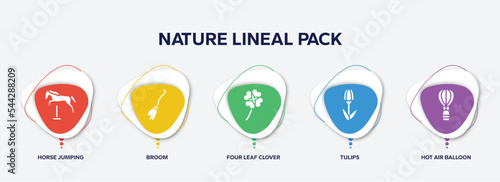 infographic element template with nature lineal pack filled icons such as horse jumping, broom, four leaf clover, tulips, hot air balloon vector.