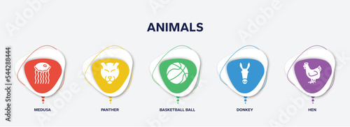 infographic element template with animals filled icons such as medusa, panther, basketball ball, donkey, hen vector.