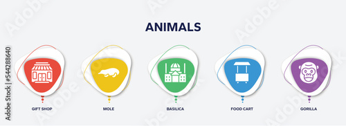 infographic element template with animals filled icons such as gift shop, mole, basilica, food cart, gorilla vector.