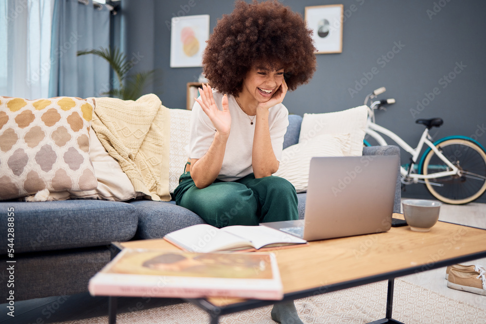 Black woman, waving or video call on remote work laptop in house or home living room sofa for fashion webinar, conference or lockdown meeting. Smile, happy of greeting designer on technology workshop Black woman, waving or video call on remote work laptop in house or home living room sofa for fashion webinar, conference or lockdown meeting. Smile, happy of greeting designer on technology workshop