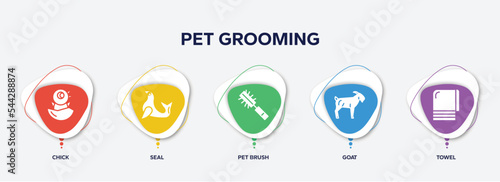 infographic element template with pet grooming filled icons such as chick, seal, pet brush, goat, towel vector.