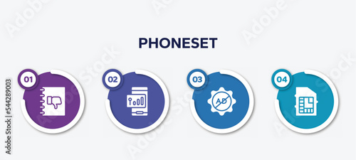 infographic element template with phoneset filled icons such as complaints book, , ad block, phone chip