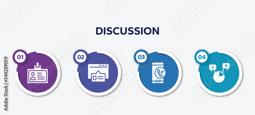 infographic element template with discussion filled icons such as press card, pop up, incoming call, polling vector.