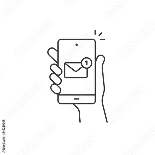 Hand hold smartphone, email send, new message notification line icon. Phone message outline icon. Isolated vector illustration.