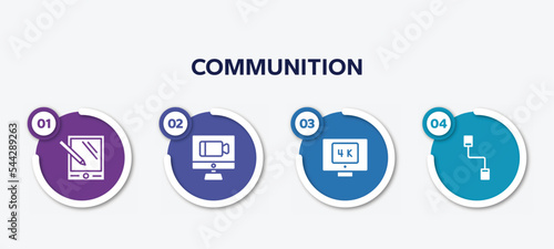 infographic element template with communition filled icons such as pda, videocall, 4k, communicator vector.