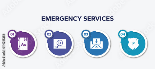 infographic element template with emergency services filled icons such as dictionary, video stream, incoming mail, police shield vector.