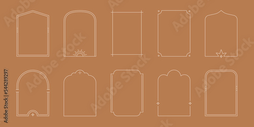 Boho mystic arch frame set. Minimal line style arch, oval shape boho frame with star, geometric element for badge, logo design. Vector illustration.