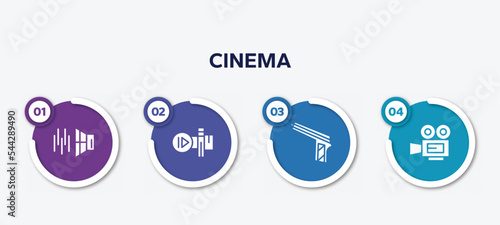 infographic element template with cinema filled icons such as sound effect, slow motion, hitman, movie film vector.