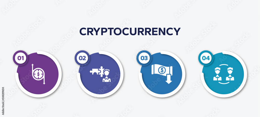 infographic element template with cryptocurrency filled icons such as transfering, cooperate, reduction, peer to peer vector. infographic element template with cryptocurrency filled icons such as transfering, cooperate, reduction, peer to peer vector.