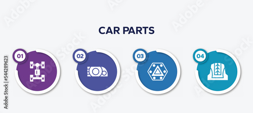 infographic element template with car parts filled icons such as car axle, car headlight, hazard lights, cowl vector.