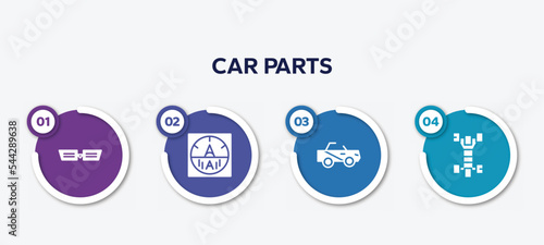infographic element template with car parts filled icons such as car grille or radiator grille, car ammeter, soft top, chassis vector.