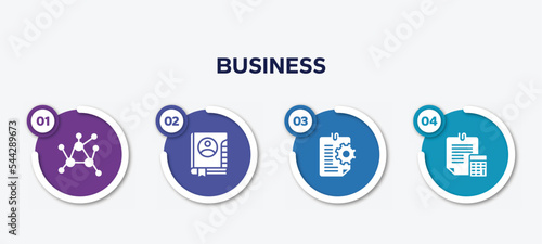 infographic element template with business filled icons such as decentralized, address book, instruction, estimate vector.