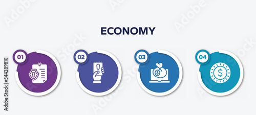 infographic element template with economy filled icons such as permission, penalty, bank online, dollar coin vector.