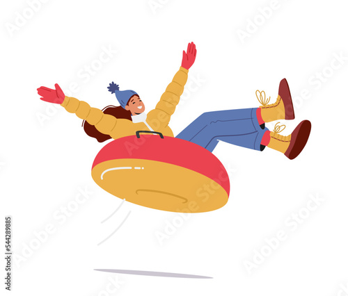 Young Cheerful Girl Sliding on Snow Tubing Having Fun On Winter Holidays. Happy Female Character Riding Tube Downhill