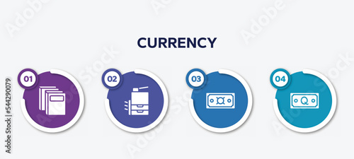 infographic element template with currency filled icons such as binder, copy hine, generic, quetzal vector.