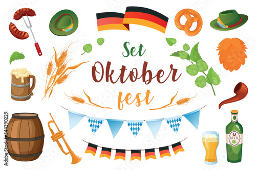 Oktoberfest in cartoon style set isolated elements. Vector illustration