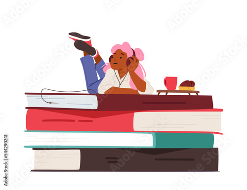Girl In Headphones Lying On Huge Pile Of Books Listen Online Courses Or Stories. Woman Student Character Use App